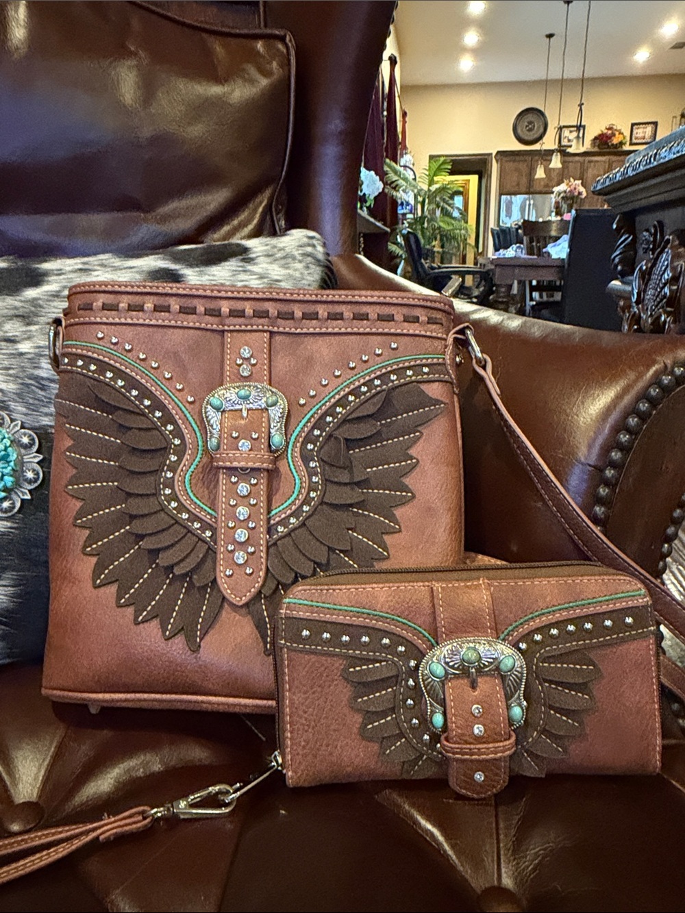 Leather Winged Crossbody Bag & Wallet Set - Brown